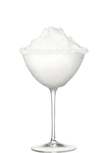 Malibu Snow Colada cocktail in a coupe glass with frozen white blend and a coconut‑rimmed edge, smooth icy texture and frosted surface, isolated on a white background.
