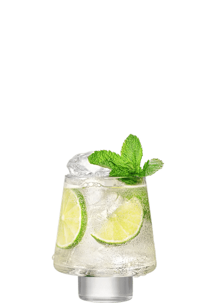 Malibu Spritz cocktail in a rounded glass with clear sparkling drink, ice cubes, lime wedges, and mint leaves, isolated on a white background.