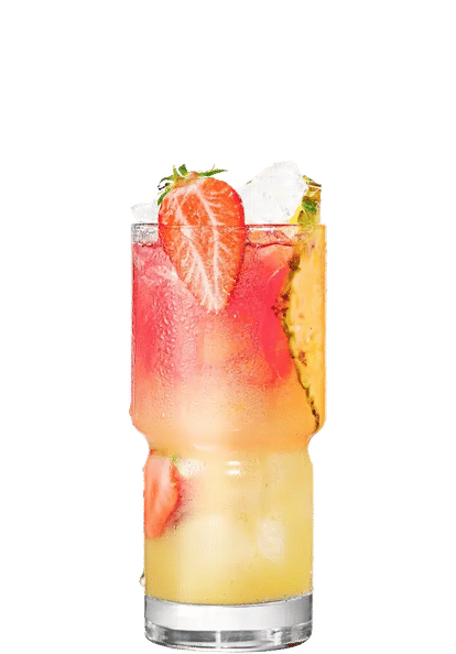 Malibu Strawberry Bay Breeze cocktail in a tall glass with layered yellow and pink drink, ice cubes, strawberry slices, and pineapple wedge garnish, isolated on a white background.