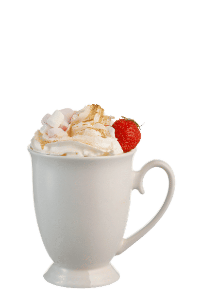 Malibu Strawberry Hot Chocolate served in a white ceramic mug topped with whipped cream, pastel marshmallows, cocoa dusting, and a fresh strawberry garnish, isolated on a white background.