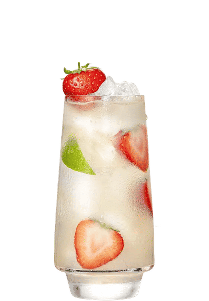 Malibu Strawberry Lemonade cocktail in a tall glass with clear drink, ice cubes, lime wedges, and strawberry slices, topped with a fresh strawberry garnish, isolated on a white background.