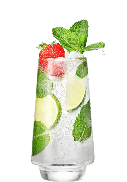 Malibu Strawberry Mojito cocktail in a tall glass with clear drink, ice cubes, sliced strawberries, lime wedges, and fresh mint leaves, light condensation on the glass, isolated on a white background.