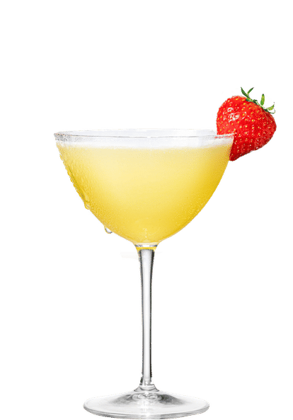 Malibu Strawberry Pineapple Daiquiri cocktail in a coupe glass with pale yellow drink, frosty rim, and fresh strawberry garnish, condensation on the glass, isolated on a white background.