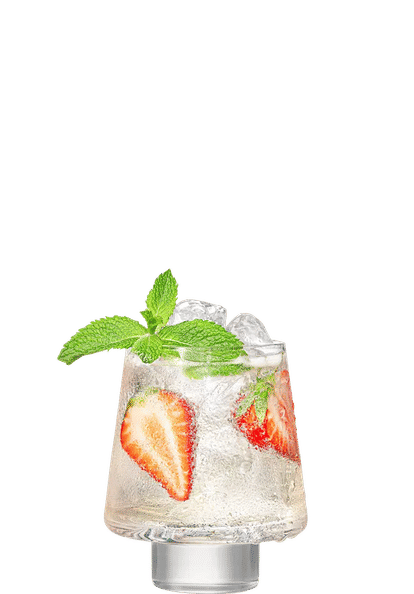 Malibu Strawberry Spritz cocktail in a rounded glass with clear sparkling drink, ice cubes, strawberry slices, and mint leaves, isolated on a white background.