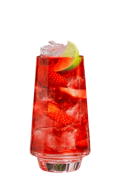 Malibu Strawberry Woo Woo cocktail in a tall glass with bright red drink, ice cubes, sliced strawberries, and lime wedge garnish, condensation on the glass, isolated on a white background.