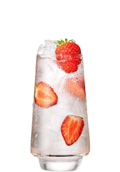 Malibu Strawberry & Coconut Water cocktail in a tall glass with clear light drink, ice cubes, sliced strawberries, and soft condensation on the glass, isolated on a white background.