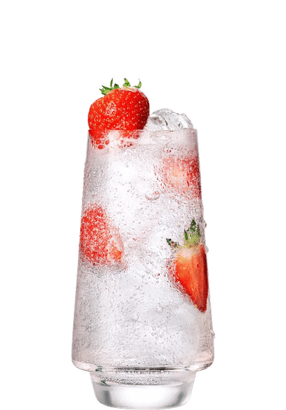 Malibu Strawberry & Soda Water cocktail in a tall glass with clear sparkling drink, ice cubes, sliced strawberries, condensation on the glass, isolated on a white background.