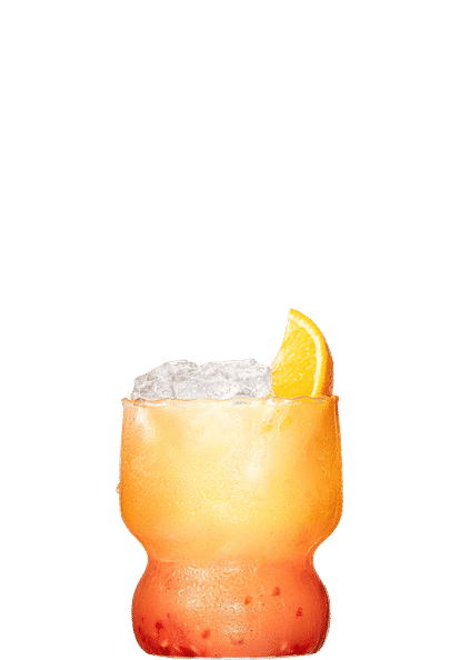 Malibu Sun Berries cocktail in a short curved glass with orange‑yellow drink, ice cubes, orange slice garnish, and berry pieces at the bottom, condensation on the glass, isolated on a white background.