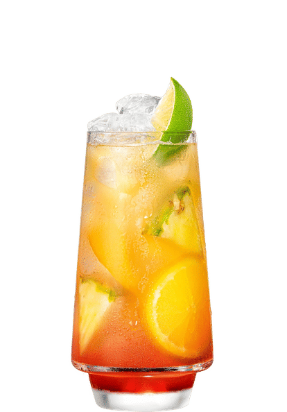 Malibu Sunrise cocktail in a tall glass with layered red, orange, and yellow drink, ice cubes, lime wedge, and pineapple and orange slices, isolated on a white background.