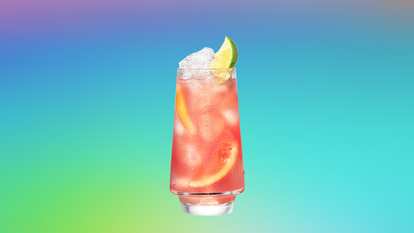 Malibu Twisted Pink served over ice with a blend of tropical fruit flavors for a smooth, vibrant, and refreshing pink cocktail.