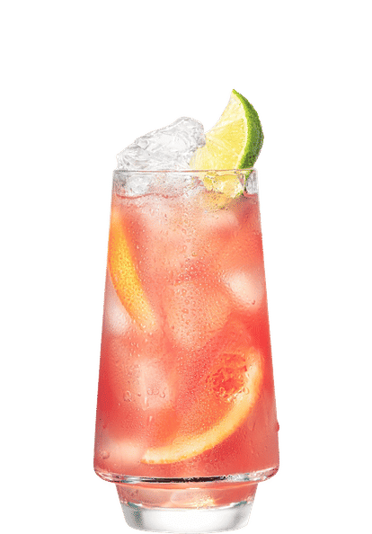 Malibu Twisted Pink cocktail in a tall glass with pink drink, ice cubes, orange slices, and a lime wedge garnish, condensation on the glass, isolated on a white background.