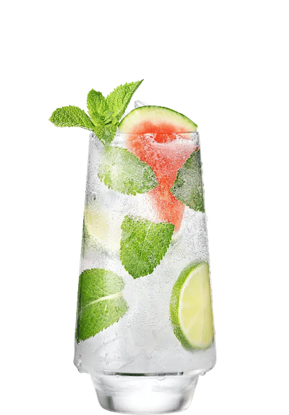 Malibu Watermelon Mojito cocktail in a tall glass with clear sparkling drink, ice cubes, watermelon chunks, lime slices, and mint leaves, isolated on a white background.