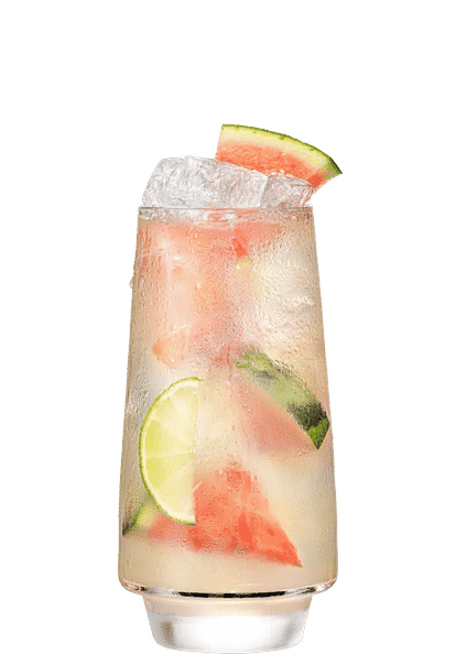 Malibu Watermelon Splash cocktail in a tall glass with clear drink, ice cubes, watermelon, lime, and cucumber slices, condensation on the glass, and a watermelon wedge garnish, isolated on a white background.