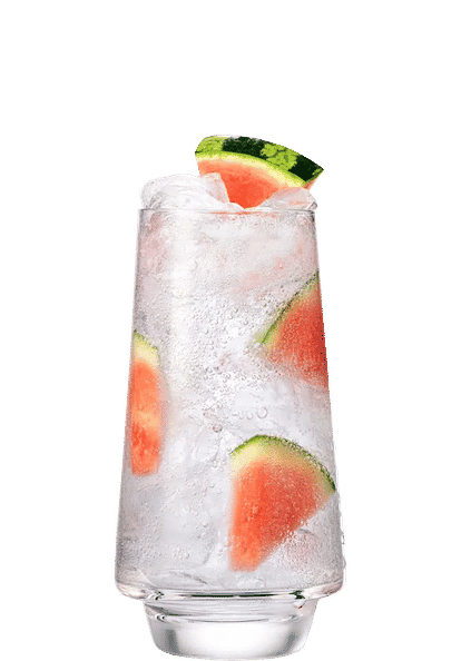 Malibu Watermelon & Soda Water cocktail in a tall glass with clear sparkling drink, ice cubes, and triangular watermelon slices, condensation on the glass, isolated on a white background.