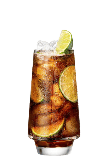 Malibu & Cola cocktail in a tall glass with dark brown drink, ice cubes, lime wedges, and orange slices, isolated on a white background.
