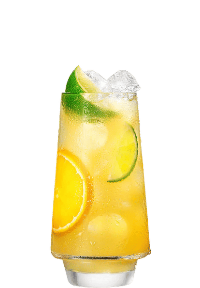 Malibu & Orange Juice cocktail in a tall glass with bright yellow drink, ice cubes, lime wedges, and orange slices, isolated on a white background.