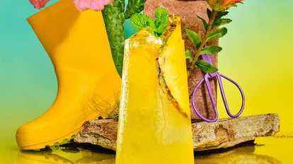 A tall glass of Malibu & Pineapple Juice with pineapple and mint garnish placed on a stone surface. Behind it, a yellow boot with flowers, cactus, and colorful garden tools create a playful, sunny outdoor scene.