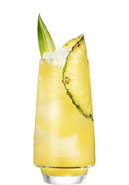 One Malibu & Pineapple Juice drink in a highball glass garnished with a pineapple wedge in front of a transparent background