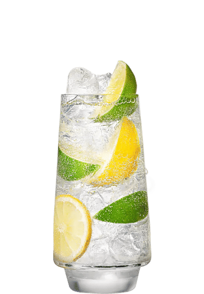 Tall highball glass filled with clear Malibu Soda Water over ice, garnished with fresh lemon and lime wedges, visible bubbles and condensation highlighting a crisp, light, and refreshing cocktail.
