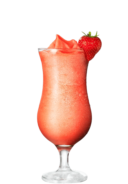 Malibu Strawberry Colada cocktail in a hurricane glass with frozen pink blend and a fresh strawberry garnish, isolated on a white background.