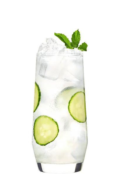 Malibu  El Caribeño — a crisp, refreshing cocktail served in a tall glass with ice, cucumber slices, and mint leaves. Light, tropical, and cooling — perfect for sunny days.