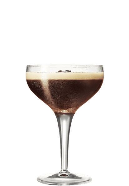 Malibu Coco Cold Brew served in a chilled coupe glass with a creamy foam top and coffee bean garnish. Rich, bold, and tropical with a hint of coconut.