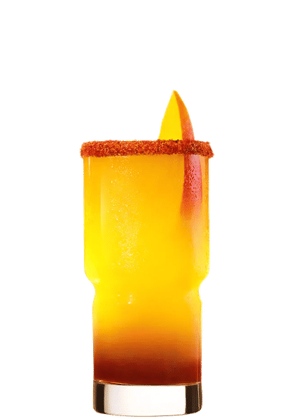 A rich, creamy drink splashing over ice with pineapple wedge and leaves, glowing under pink lighting for a lively tropical vibe.