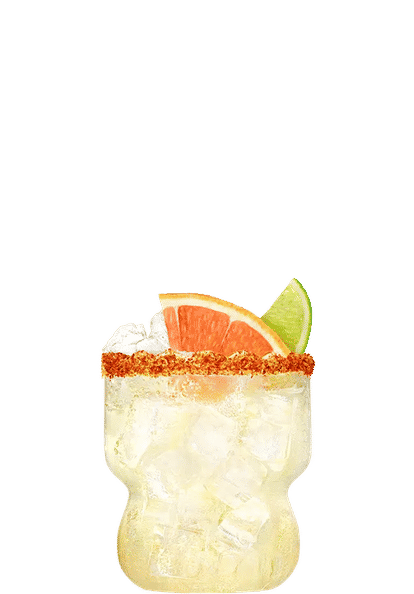 Malibu  Paloma de Coco — a light, citrusy cocktail served in a curvy glass with ice, chili‑salt rim, and grapefruit and lime wedges. Refreshing and tropical with a hint of spice.